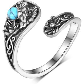 Frog Spoon Ring 925 Sterling Silver Frog Ring Lotus Open Rings Adjustable Turquoise Thumb Rings Jewelry Gifts for Women