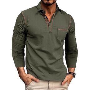 Men's Casual Polo Shirts Classic Long Sleeve Basic Button T-Shirt Lightweight Cotton Golf Tops with Pocket