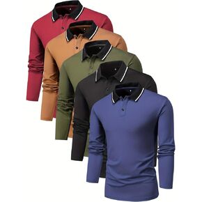5 Pcs, Long Sleeve Polo and Golf Shirt for Men, Assorted Colors, Casual Workwear Top