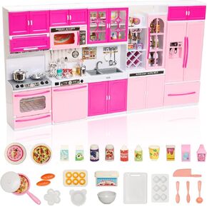 Miunana 83 PCS Doll Kitchen Playset for Girls Kitchen Furniture Toy Accessories with Realistic Lights & Sounds Mini Food Drinks Dishes Dollhouse Playset for 11.5 Inch Girl Dolls