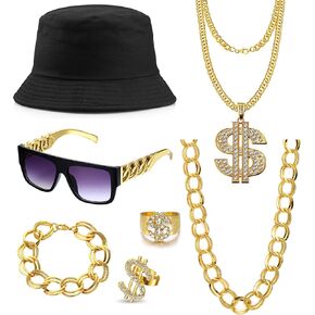 80s 90s Accessories Outfit for Men Hip Hop Costume Kit Hat Sunglasses Money Sign Necklace Rings Adjustable Hip Hop Rapper Costume Jewelry