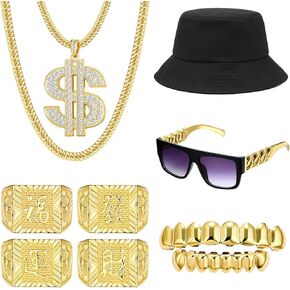 LOYALLOOK 80s 90s Hip Hop Costumes Outfit for Men Women Money Chain Dollar Sign Necklace Old School Rapper Punk Sunglasses Bucket Hat Gold Kanji Ring Teeth Grillz Rapper Accessories Set