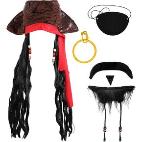 Pirate Hat for Men Women Pirate Costume with Wig Pirate Headscarf Eyepatch Earring Mustache Accessories Set