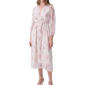 Women's Floral Chiffon Midi Dress Long Sleeve V Neck Elegant Ruffle Split Flowy Dress with Pockets