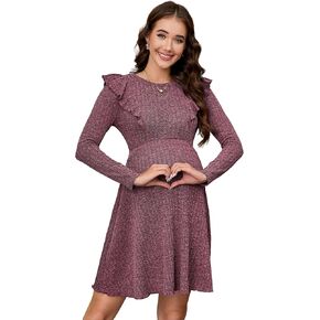 KOJOOIN Maternity Ribbed Knit Ruffle Cap Long Sleeve Fall Casual Sweater Dress Crew Neck Midi Dress Baby Shower Photoshoot