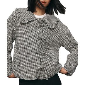 Women's Cropped Plaid Quilted Jacket Tie Front Lightweight Ruffled Lapel Collar Puffer Padded Coats with Pockets