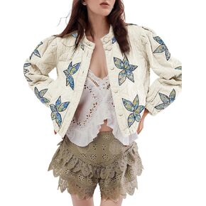 Floral Embroidered Cropped Quilted Jackets for Women Lightweight Button Down Puffer Jacket Coat with Pockets