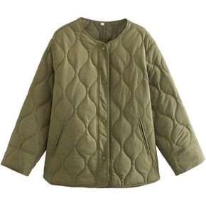Women's Quilted Jacket Coat Crew Neck Button Down Lightweight Puffer Padded Winter Outwear with Pockets