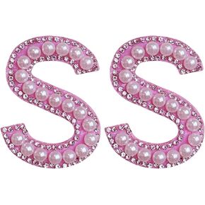 2PCS Pink Pearl Iron on Letter Patches Rhinestone Letter Patches Sequin Letter Patches Glitter Letter Patches for Backpacks Clothing(J)