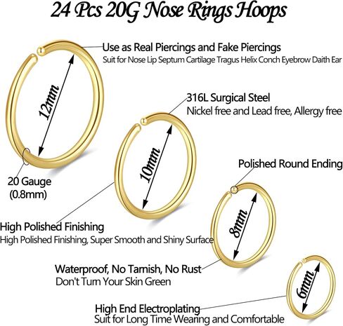 24Pcs 20 Gauge Nose Piercings Nose Rings Hoops for Women Men 316L Surgical Steel Cartilage Helix Tragus Hoop Earrings Lip Rings Septum Rings Clip on Real Nose Rings Bendable 6mm 8mm 10mm 12mm Fake Nose Ring Fake Septum Piercings in Saudi Arabia