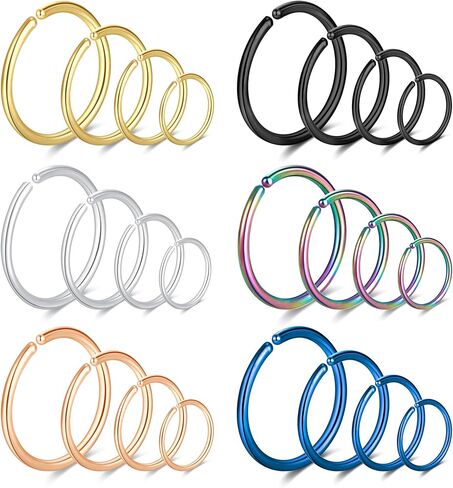 24Pcs 20 Gauge Nose Piercings Nose Rings Hoops for Women Men 316L Surgical Steel Cartilage Helix Tragus Hoop Earrings Lip Rings Septum Rings Clip on Real Nose Rings Bendable 6mm 8mm 10mm 12mm Fake Nose Ring Fake Septum Piercings in Saudi Arabia