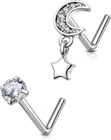 OUFER 2PCS Nose Rings Studs, Stainless Steel Nose Rings 20G, Moon Star Butterfly Design Nose Rings L shaped, Nose Nostril Dangle Piercing Jewelry, Shining CZ Nose Rings for Women Men-7MM in Saudi Arabia