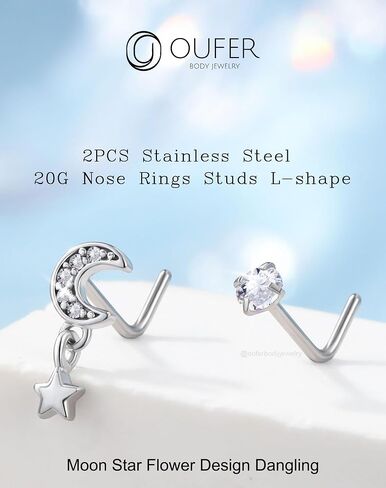 OUFER 2PCS Nose Rings Studs, Stainless Steel Nose Rings 20G, Moon Star Butterfly Design Nose Rings L shaped, Nose Nostril Dangle Piercing Jewelry, Shining CZ Nose Rings for Women Men-7MM in Saudi Arabia