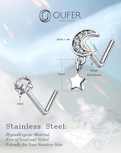 OUFER 2PCS Nose Rings Studs, Stainless Steel Nose Rings 20G, Moon Star Butterfly Design Nose Rings L shaped, Nose Nostril Dangle Piercing Jewelry, Shining CZ Nose Rings for Women Men-7MM in Saudi Arabia