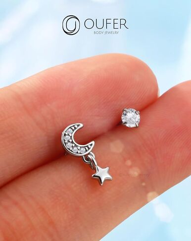 OUFER 2PCS Nose Rings Studs, Stainless Steel Nose Rings 20G, Moon Star Butterfly Design Nose Rings L shaped, Nose Nostril Dangle Piercing Jewelry, Shining CZ Nose Rings for Women Men-7MM in Saudi Arabia
