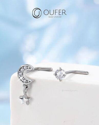 OUFER 2PCS Nose Rings Studs, Stainless Steel Nose Rings 20G, Moon Star Butterfly Design Nose Rings L shaped, Nose Nostril Dangle Piercing Jewelry, Shining CZ Nose Rings for Women Men-7MM in Saudi Arabia