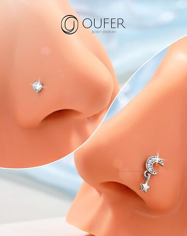 OUFER 2PCS Nose Rings Studs, Stainless Steel Nose Rings 20G, Moon Star Butterfly Design Nose Rings L shaped, Nose Nostril Dangle Piercing Jewelry, Shining CZ Nose Rings for Women Men-7MM in Saudi Arabia