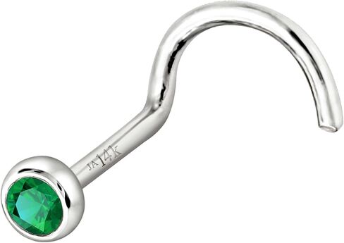 Jewelry Avalanche Solid 14K Gold Nose Screw Stud Bezel Set Emerald 22G Cork-screw Nose Stud - 14K White Gold / 14K Yellow Gold May Birthstone Nose Ring Stud in Kuwait