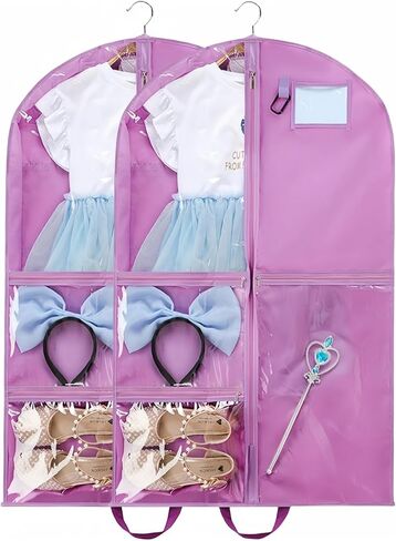 Dance Costume Garment Bag for Travel with Handles, 39 Inch Garment Bag for Dance Competitions, Kids Hanging Clothes Cover for Girls Closet Storage with 4 Zippered Pockets (Purple - 2 Pack) in Kuwait