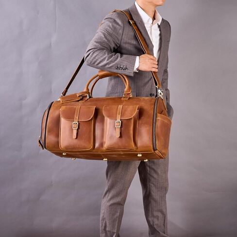 Genuine Leather Convertible Garment Bag with Shoes Compartment Full Grain Leather Carry on Duffle Bag Garment for Men Women Weekender Hanging Business Suitcase for Travel Suit VintageBrown in Kuwait