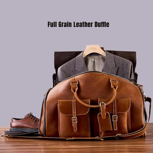 Genuine Leather Convertible Garment Bag with Shoes Compartment Full Grain Leather Carry on Duffle Bag Garment for Men Women Weekender Hanging Business Suitcase for Travel Suit VintageBrown in Kuwait