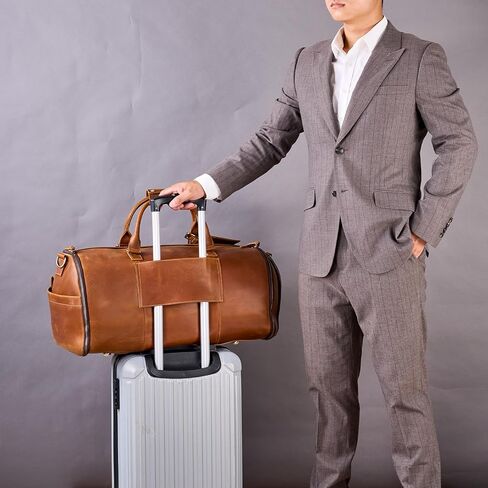 Genuine Leather Convertible Garment Bag with Shoes Compartment Full Grain Leather Carry on Duffle Bag Garment for Men Women Weekender Hanging Business Suitcase for Travel Suit VintageBrown in Kuwait