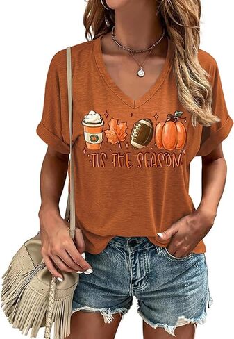 Fall V Neck T Shirt Funny Halloween Thanksgiving Graphic Tee Casual Family Halloween Costume Tops in Saudi Arabia