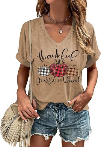 Fall V Neck T Shirt Funny Halloween Thanksgiving Graphic Tee Casual Family Halloween Costume Tops in Saudi Arabia