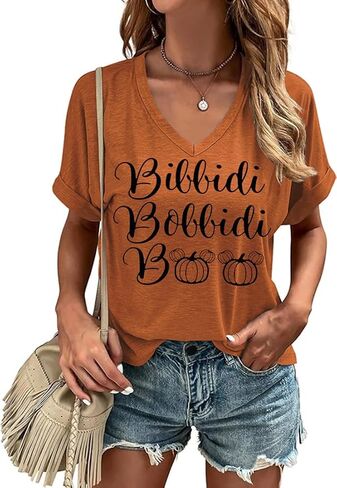Fall V Neck T Shirt Funny Halloween Thanksgiving Graphic Tee Casual Family Halloween Costume Tops in Saudi Arabia