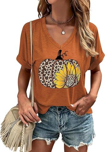 Fall V Neck T Shirt Funny Halloween Thanksgiving Graphic Tee Casual Family Halloween Costume Tops in Saudi Arabia