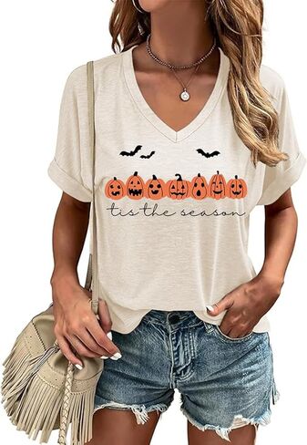 Fall V Neck T Shirt Funny Halloween Thanksgiving Graphic Tee Casual Family Halloween Costume Tops in Saudi Arabia