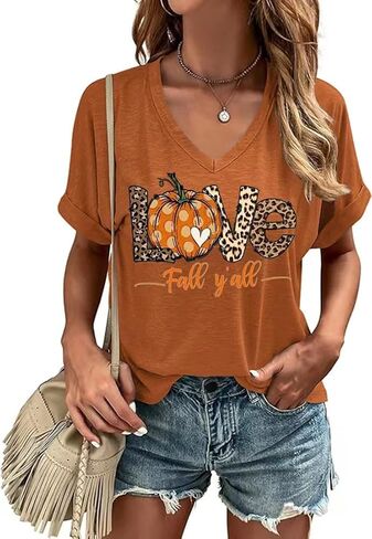 Fall V Neck T Shirt Funny Halloween Thanksgiving Graphic Tee Casual Family Halloween Costume Tops in Saudi Arabia