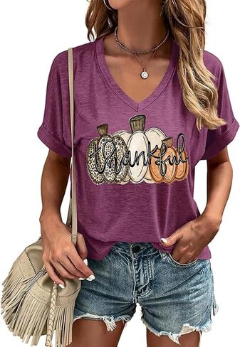 Fall V Neck T Shirt Funny Halloween Thanksgiving Graphic Tee Casual Family Halloween Costume Tops in Saudi Arabia