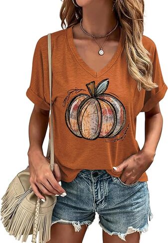 Fall V Neck T Shirt Funny Halloween Thanksgiving Graphic Tee Casual Family Halloween Costume Tops in Saudi Arabia