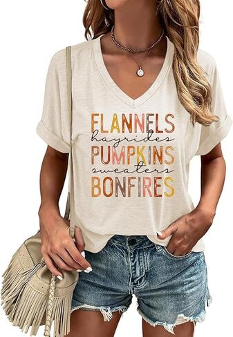 Fall V Neck T Shirt Funny Halloween Thanksgiving Graphic Tee Casual Family Halloween Costume Tops in Saudi Arabia