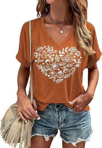 Fall V Neck T Shirt Funny Halloween Thanksgiving Graphic Tee Casual Family Halloween Costume Tops in Saudi Arabia
