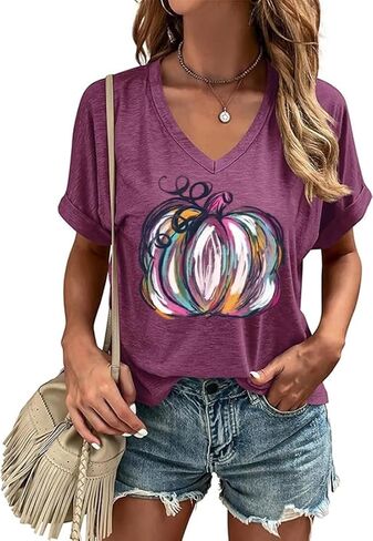 Fall V Neck T Shirt Funny Halloween Thanksgiving Graphic Tee Casual Family Halloween Costume Tops in Saudi Arabia