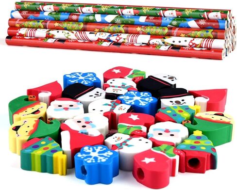 PLULON 24 Pieces Christmas Pencils with 24 Pieces Cute Eraser Holiday Pencils with Christmas Elements of Santa Claus, Elk, Sleigh, Bell for Christmas Party Supplies Xmas Wood Pencils（Total 48 Pieces） in Saudi Arabia