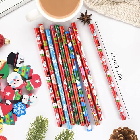 PLULON 24 Pieces Christmas Pencils with 24 Pieces Cute Eraser Holiday Pencils with Christmas Elements of Santa Claus, Elk, Sleigh, Bell for Christmas Party Supplies Xmas Wood Pencils（Total 48 Pieces） in Saudi Arabia