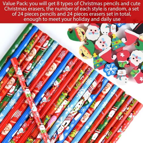 PLULON 24 Pieces Christmas Pencils with 24 Pieces Cute Eraser Holiday Pencils with Christmas Elements of Santa Claus, Elk, Sleigh, Bell for Christmas Party Supplies Xmas Wood Pencils（Total 48 Pieces） in Saudi Arabia