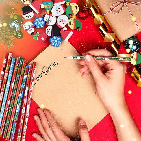 PLULON 24 Pieces Christmas Pencils with 24 Pieces Cute Eraser Holiday Pencils with Christmas Elements of Santa Claus, Elk, Sleigh, Bell for Christmas Party Supplies Xmas Wood Pencils（Total 48 Pieces） in Saudi Arabia