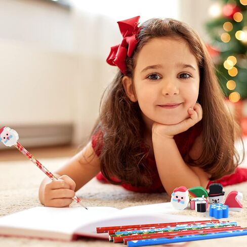 PLULON 24 Pieces Christmas Pencils with 24 Pieces Cute Eraser Holiday Pencils with Christmas Elements of Santa Claus, Elk, Sleigh, Bell for Christmas Party Supplies Xmas Wood Pencils（Total 48 Pieces） in Saudi Arabia