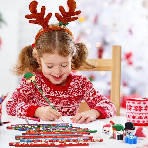 PLULON 24 Pieces Christmas Pencils with 24 Pieces Cute Eraser Holiday Pencils with Christmas Elements of Santa Claus, Elk, Sleigh, Bell for Christmas Party Supplies Xmas Wood Pencils（Total 48 Pieces） in Saudi Arabia