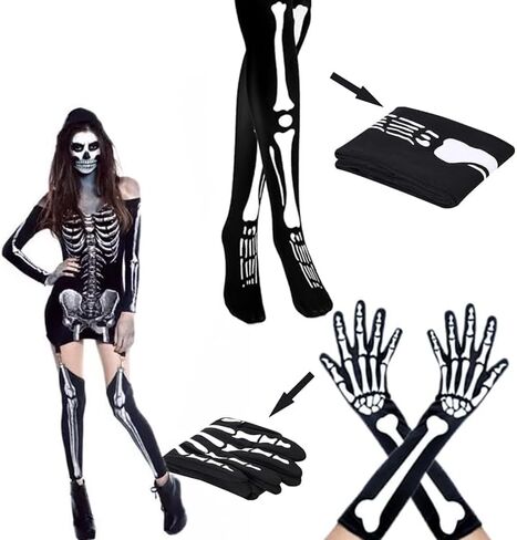 بدلة جمجمة 2 قطعة قفازات طويلة للهالوين جوارب هيكل عظمي للهالوين قفازات طويلة هيكل عظمي للهالوين جوارب بانك هيكل عظمي للسيدات جوارب سوداء زي كرنفال سيدة في قبعة الركبة in Kuwait