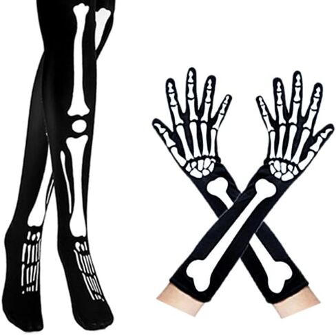 بدلة جمجمة 2 قطعة قفازات طويلة للهالوين جوارب هيكل عظمي للهالوين قفازات طويلة هيكل عظمي للهالوين جوارب بانك هيكل عظمي للسيدات جوارب سوداء زي كرنفال سيدة في قبعة الركبة in Kuwait