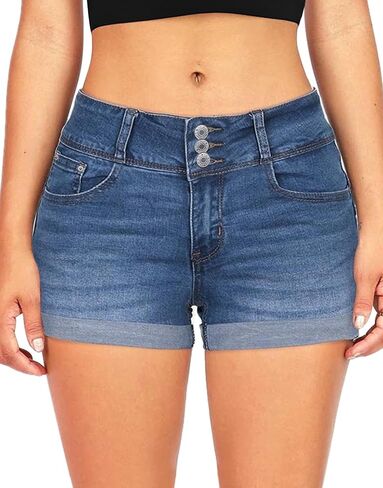Womens Casual Stretchy Denim Shorts Cuffed High Waisted Jean Shorts Folded Hem Buttons Denim Shorts in Saudi Arabia