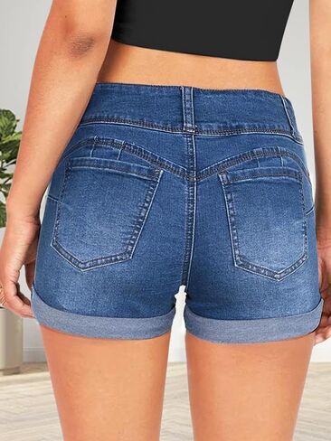 Womens Casual Stretchy Denim Shorts Cuffed High Waisted Jean Shorts Folded Hem Buttons Denim Shorts in Saudi Arabia