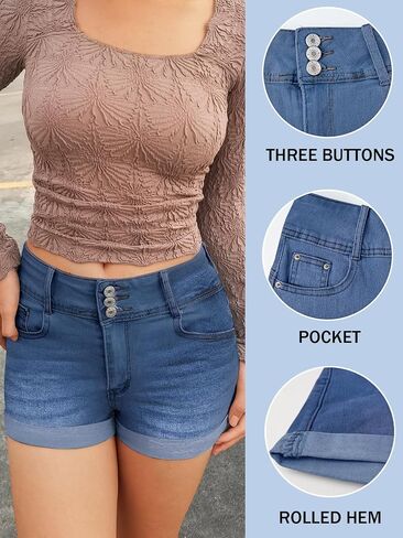 Womens Casual Stretchy Denim Shorts Cuffed High Waisted Jean Shorts Folded Hem Buttons Denim Shorts in Saudi Arabia