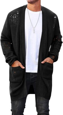 Runcati Men's Long Cardigan Sweater Casual Open Front Shawl Collar Long Sleeve Ripped Sweater with Pockets in Saudi Arabia