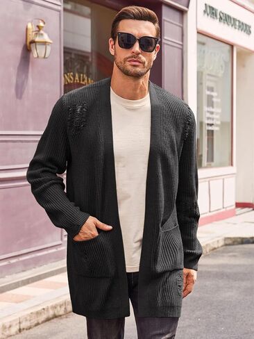 Runcati Men's Long Cardigan Sweater Casual Open Front Shawl Collar Long Sleeve Ripped Sweater with Pockets in Saudi Arabia